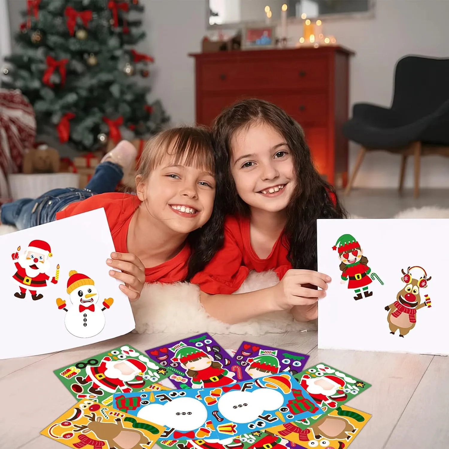 32 Sheets Christmas Party Games Stickers for Kids Make Your Own Christmas Stickers, Kids Christmas Activities Sticker with Christmas Santa Snowman Reindeer Elf for Kids Holiday Christmas Party Favors