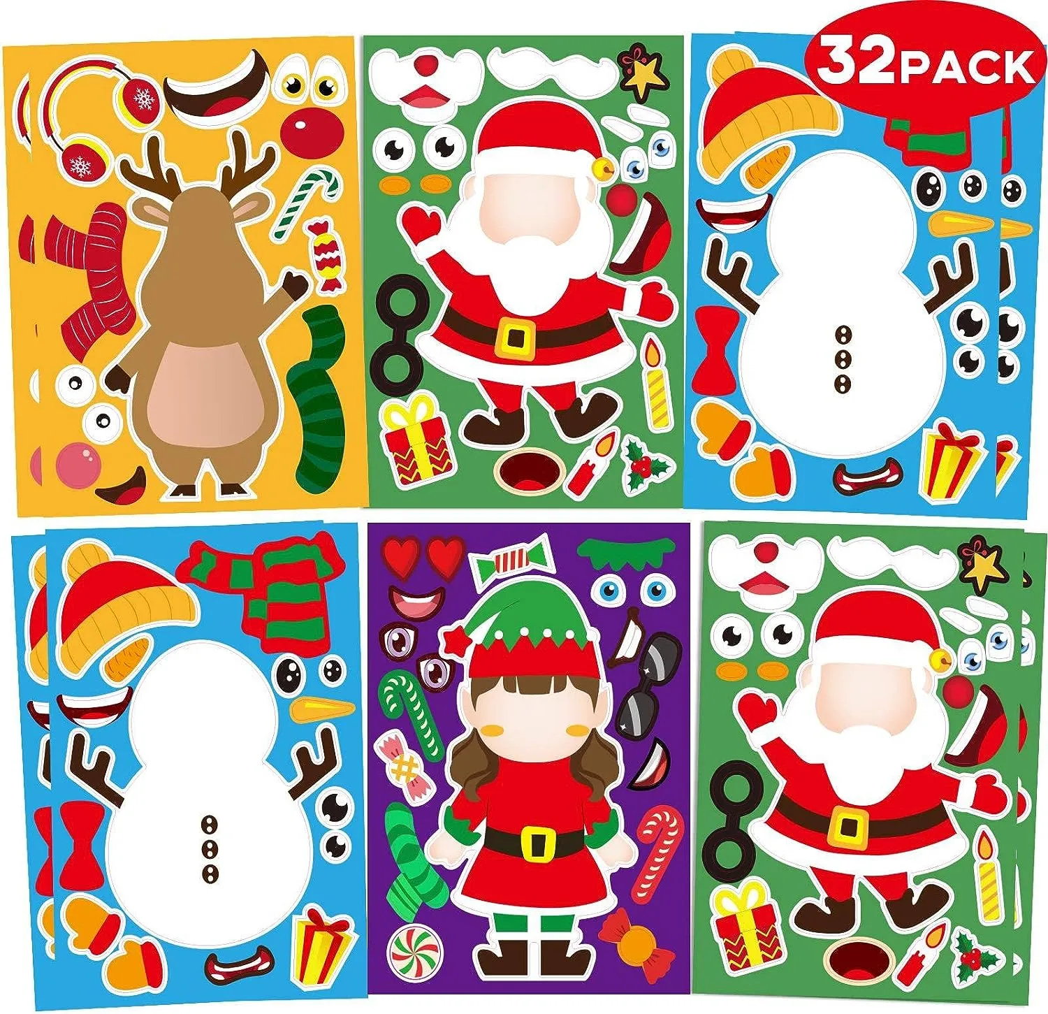 32 Sheets Christmas Party Games Stickers for Kids Make Your Own Christmas Stickers, Kids Christmas Activities Sticker with Christmas Santa Snowman Reindeer Elf for Kids Holiday Christmas Party Favors