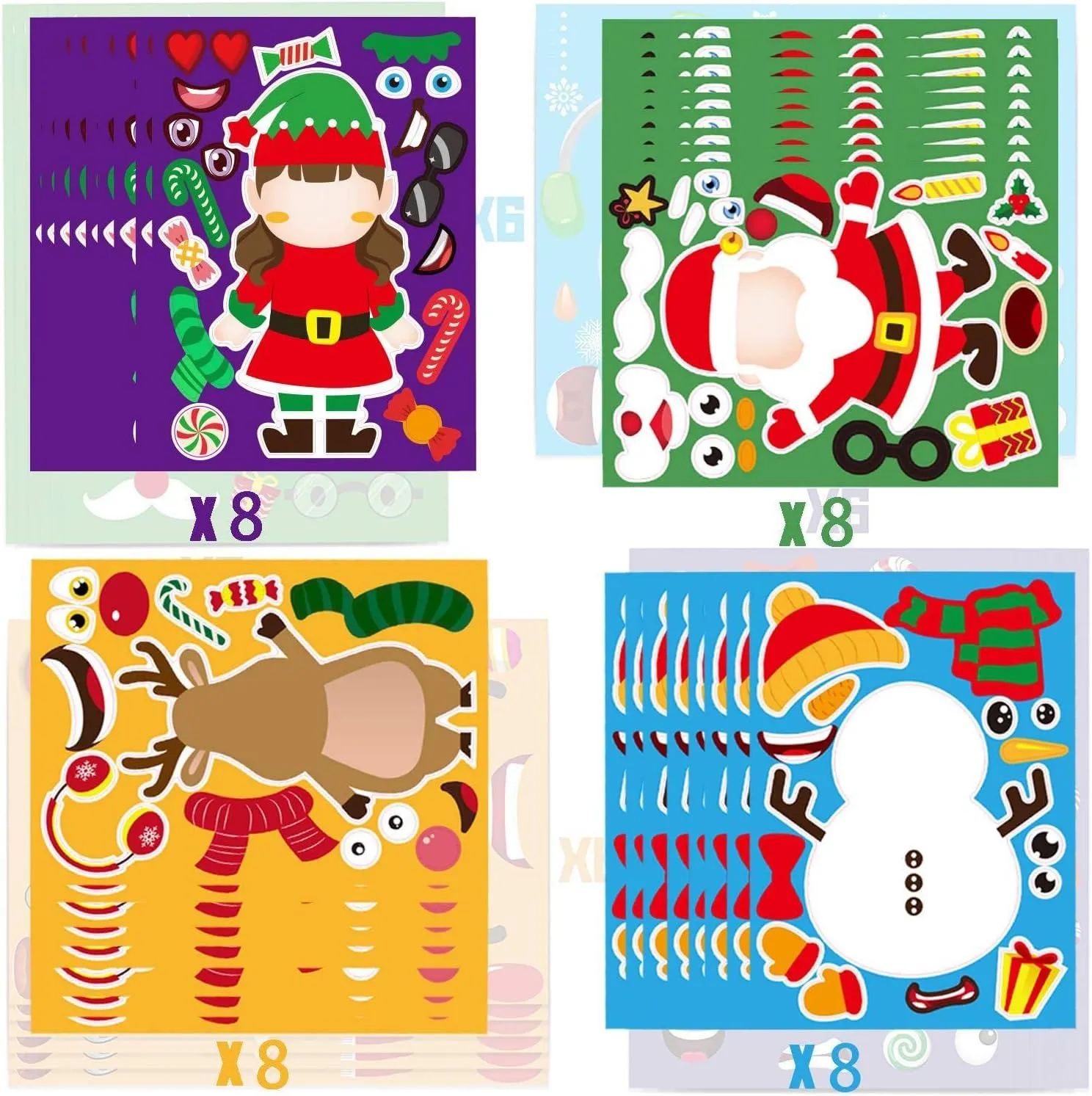 32 Sheets Christmas Party Games Stickers for Kids Make Your Own Christmas Stickers, Kids Christmas Activities Sticker with Christmas Santa Snowman Reindeer Elf for Kids Holiday Christmas Party Favors