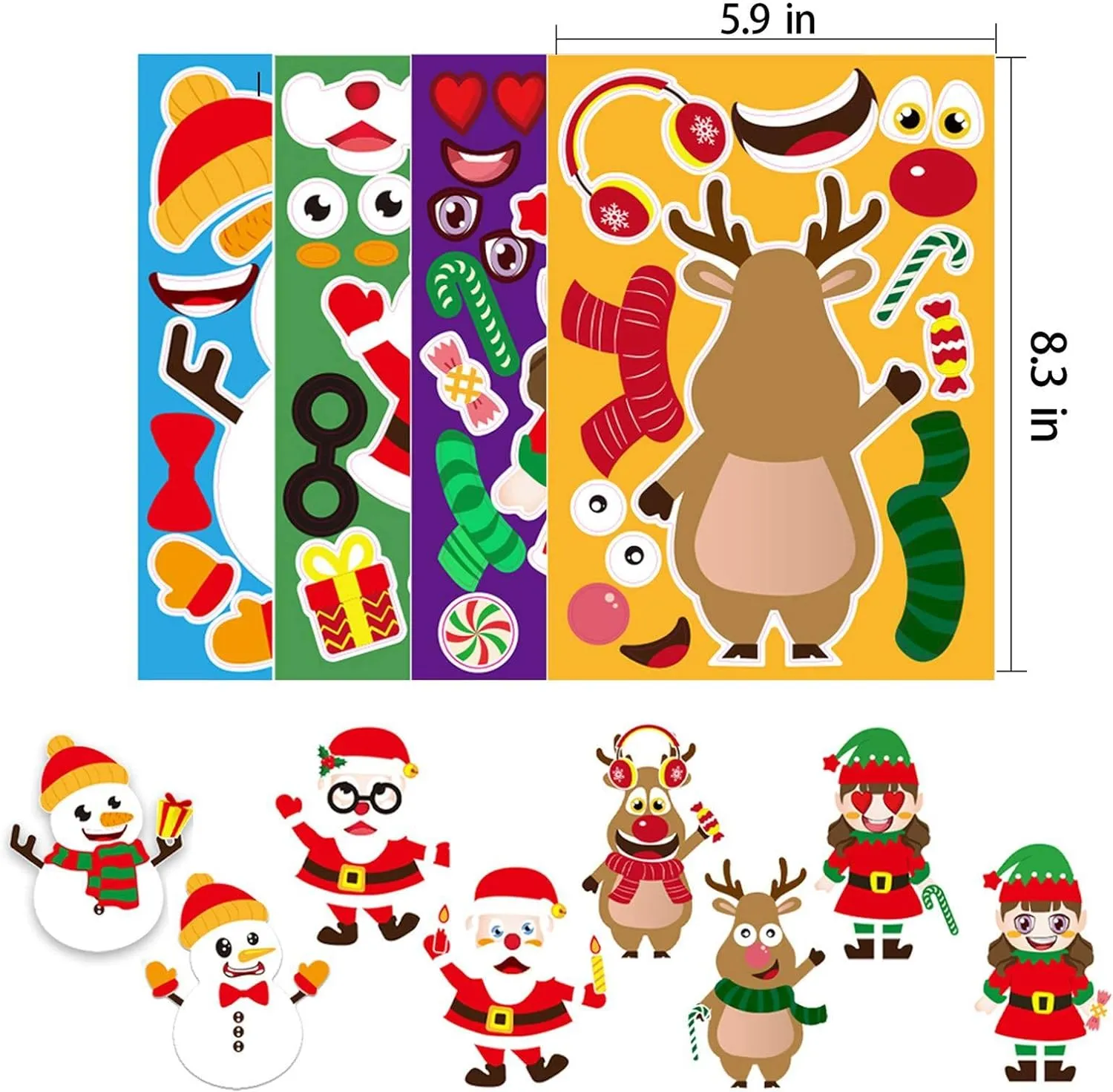 32 Sheets Christmas Party Games Stickers for Kids Make Your Own Christmas Stickers, Kids Christmas Activities Sticker with Christmas Santa Snowman Reindeer Elf for Kids Holiday Christmas Party Favors