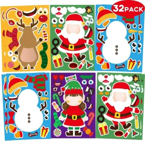 32 Sheets Christmas Party Games Stickers for Kids Make Your Own Christmas Stickers, Kids Christmas Activities Sticker with Christmas Santa Snowman Reindeer Elf for Kids Holiday Christmas Party Favors