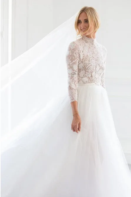 A-Line High Neck Long Sleeves Sweep Train Detachable Tulle Wedding Dress OHD113