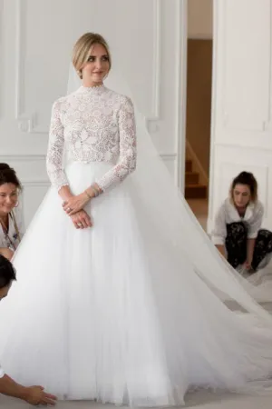 A-Line High Neck Long Sleeves Sweep Train Detachable Tulle Wedding Dress OHD113