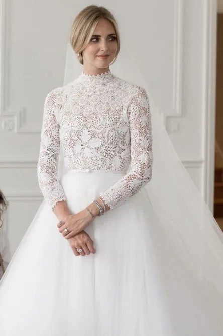 A-Line High Neck Long Sleeves Sweep Train Detachable Tulle Wedding Dress OHD113