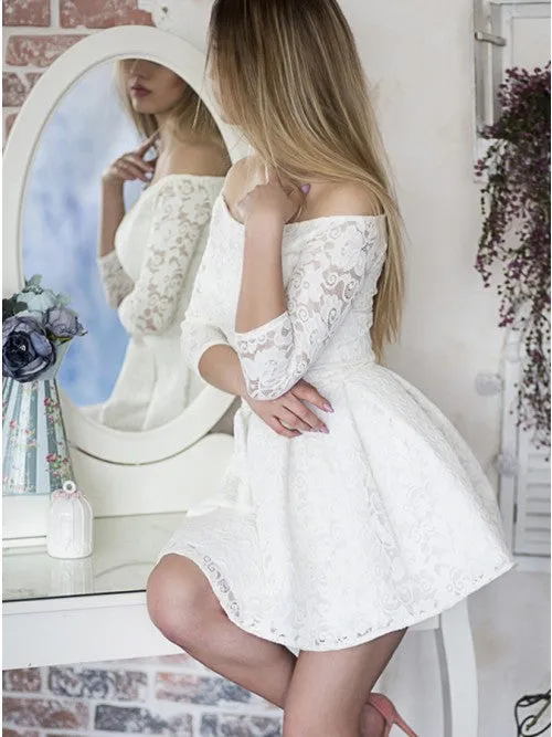 A-Line Off-the-Shoulder 3/4 Sleeves White Lace Homecoming Dress OHM189