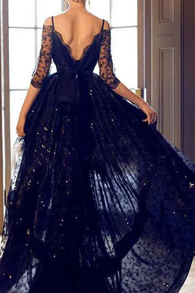 A-Line Off-the-Shoulder High Low Navy Blue Lace Prom/Homecoming Dress LPD076