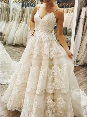 A-Line Spaghetti Straps Sweep Train Wedding Dress with Lace Bowknot OHD001
