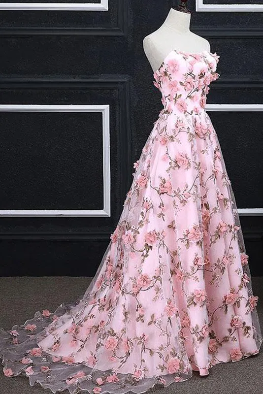 A-line Sweetheart Sweep Train Sleeveless Floral Print Long Tulle  Prom Dress OHC138