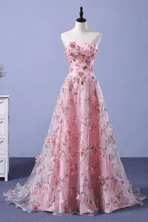 A-line Sweetheart Sweep Train Sleeveless Floral Print Long Tulle  Prom Dress OHC138