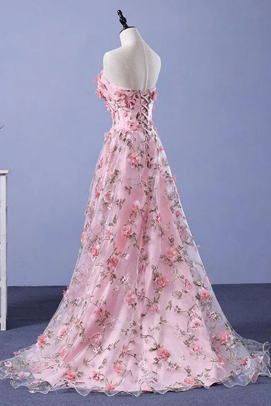 A-line Sweetheart Sweep Train Sleeveless Floral Print Long Tulle  Prom Dress OHC138