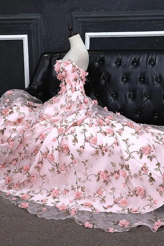 A-line Sweetheart Sweep Train Sleeveless Floral Print Long Tulle  Prom Dress OHC138