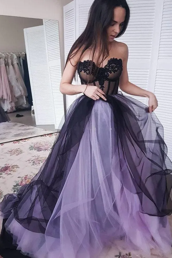 A-line Sweetheart Sweep Train Sleeveless Long Tulle Prom Dress Formal Gowns Evening Dress OHC293