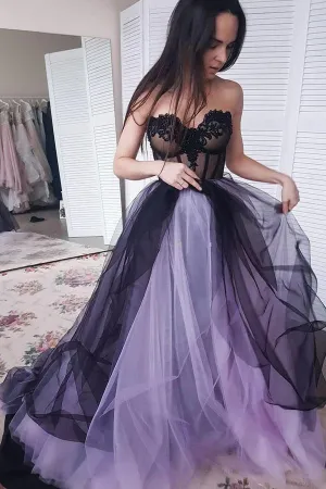 A-line Sweetheart Sweep Train Sleeveless Long Tulle Prom Dress Formal Gowns Evening Dress OHC293