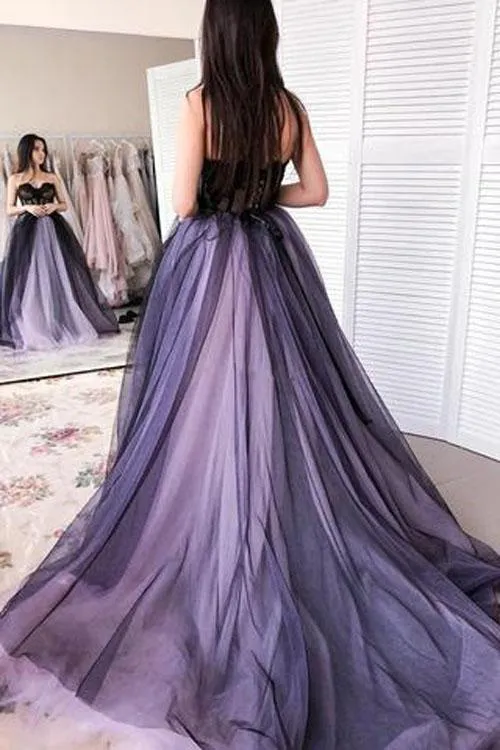 A-line Sweetheart Sweep Train Sleeveless Long Tulle Prom Dress Formal Gowns Evening Dress OHC293