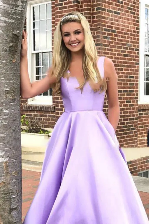 A-Line V-Neck Sleeveless Prom Dress Pockets Party Dress OHC146