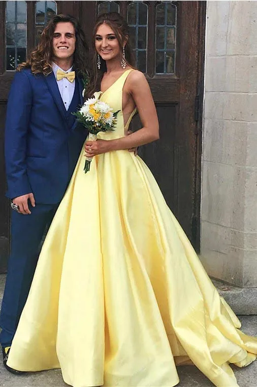 A-Line V-Neck Sleeveless Prom Dress Pockets Party Dress OHC146