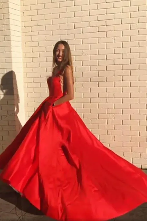 A-Line V-Neck Sleeveless Prom Dress Pockets Party Dress OHC146