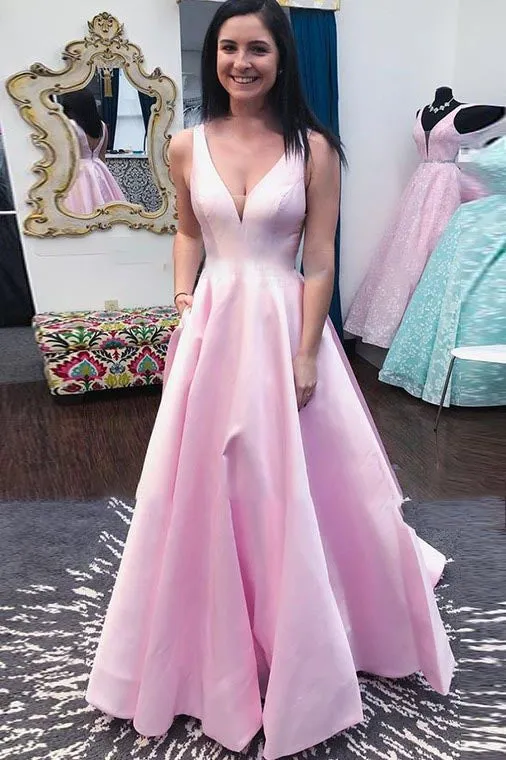 A-Line V-Neck Sleeveless Prom Dress Pockets Party Dress OHC146