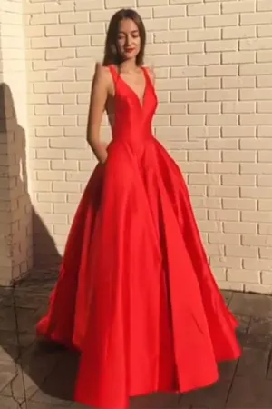 A-Line V-Neck Sleeveless Prom Dress Pockets Party Dress OHC146