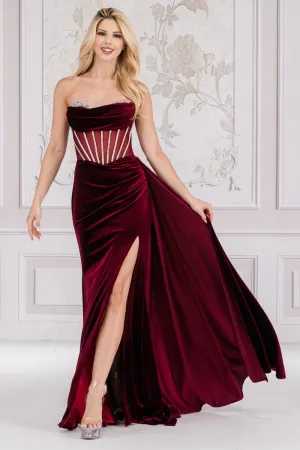 AC 5051 - Velvet Fit & Flare Prom Gown With Rhinestone Embellished Boned Corset Bodice Open Lace Up Back & Leg Slit