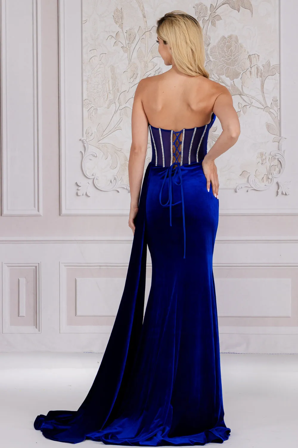 AC 5051 - Velvet Fit & Flare Prom Gown With Rhinestone Embellished Boned Corset Bodice Open Lace Up Back & Leg Slit