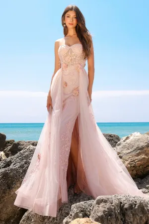 AC TM1002 - Strapless A-Line Prom Gown With 3D Floral Embellishments Over Sheer Boned Bodice & Lace Up Corset Back
