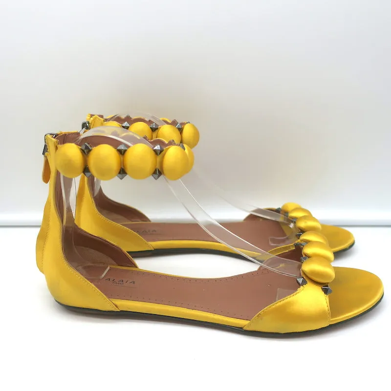 Alaia Bombe Ankle Strap Flat Sandals Yellow Satin Size 39.5