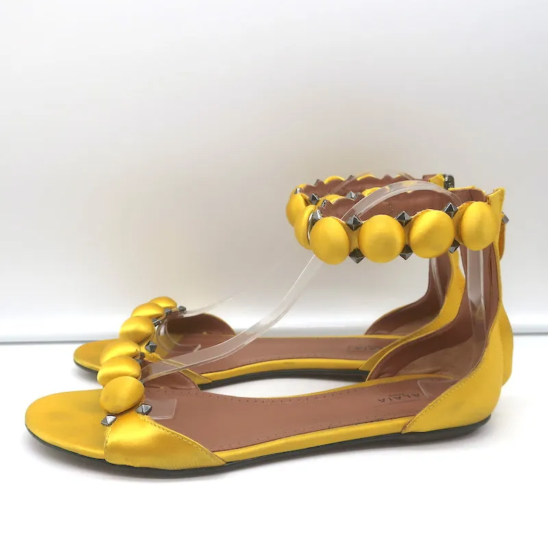 Alaia Bombe Ankle Strap Flat Sandals Yellow Satin Size 39.5