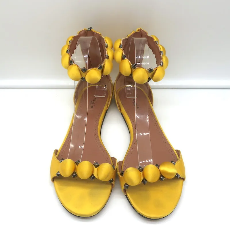 Alaia Bombe Ankle Strap Flat Sandals Yellow Satin Size 39.5