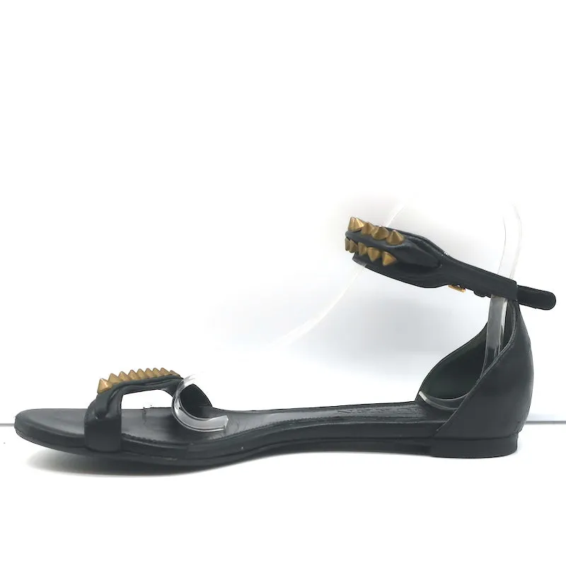 Alexander McQueen Spike Studded Ankle Strap Sandals Black Leather Size 37.5