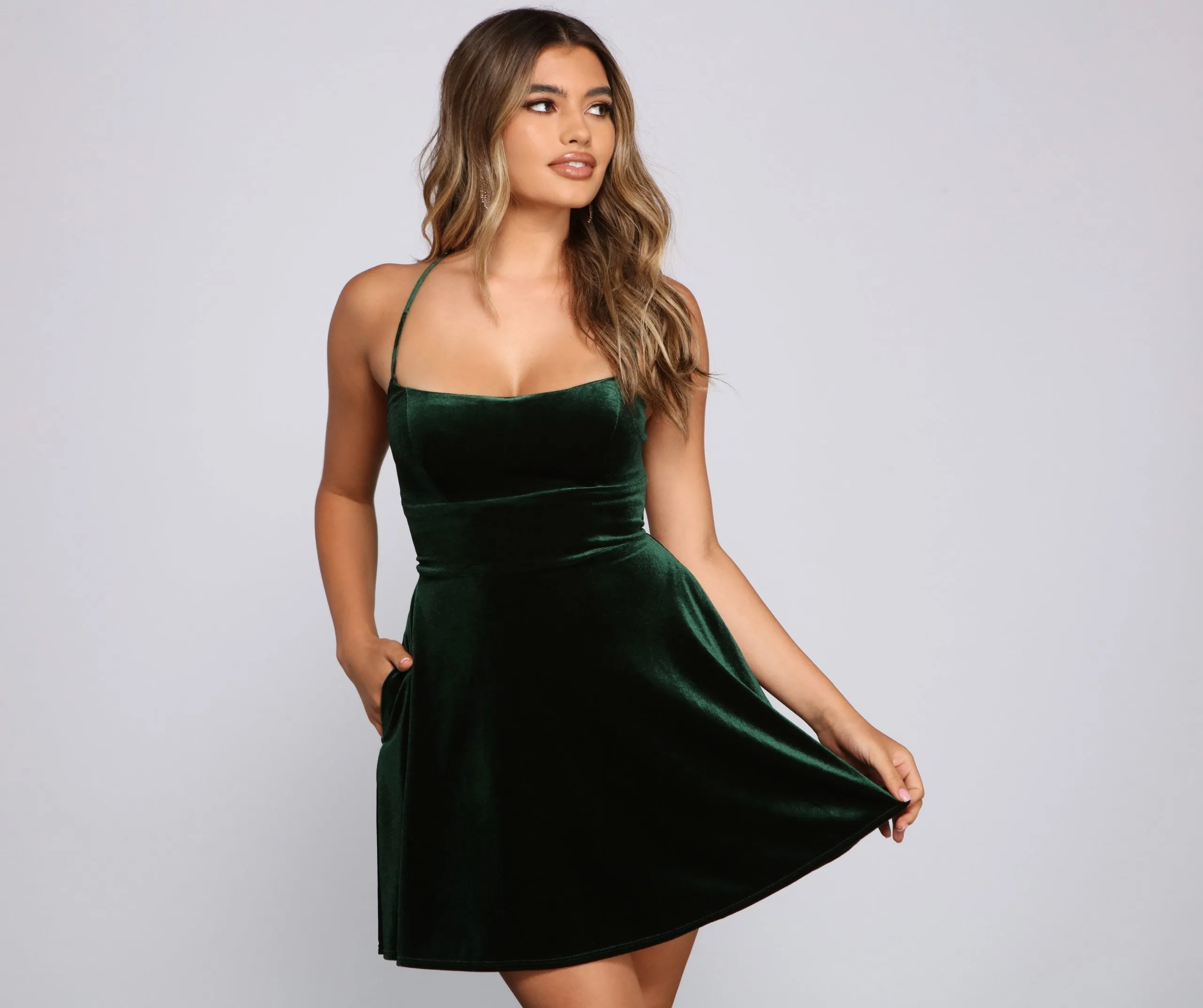 Amelia Lace-Up Back Charming Velvet Skater Dress