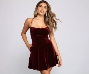 Amelia Lace-Up Back Charming Velvet Skater Dress