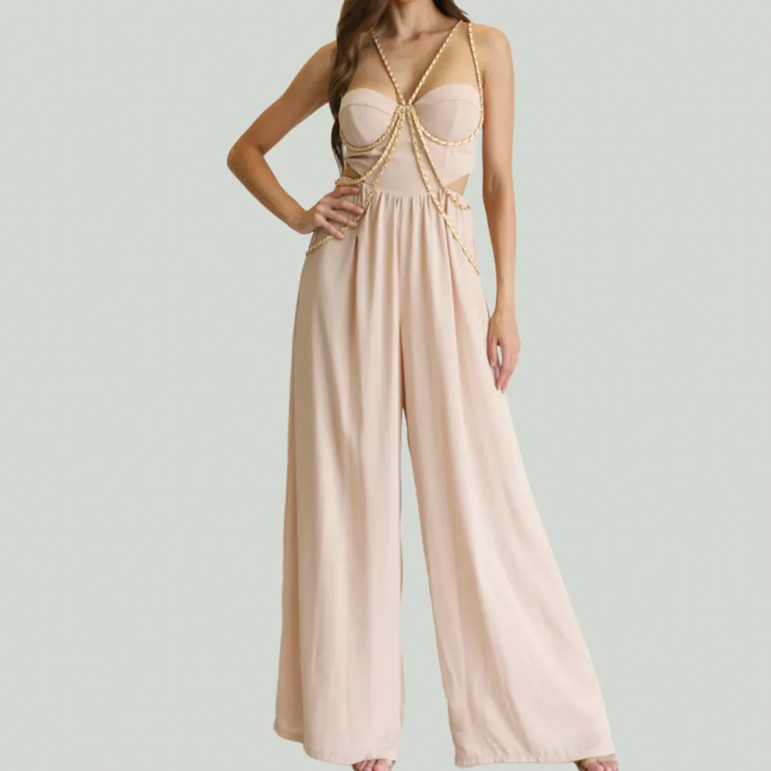 ARI DRAPED CHAIN STRAP WIDE LEG JUMPSUIT