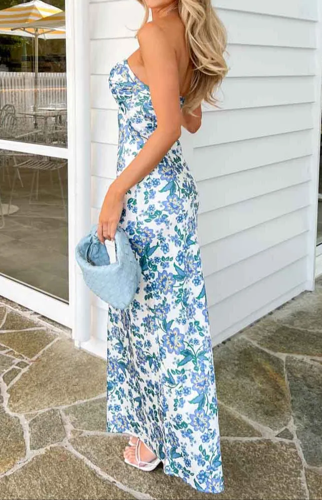 Ariana Blue Floral Print Formal Maxi Dress 