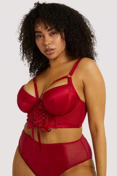 Aysha Lace Up Balcony Bra - Red -