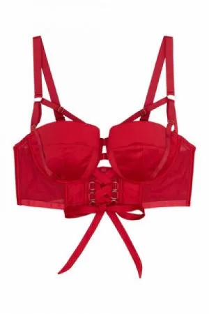 Aysha Lace Up Balcony Bra - Red -