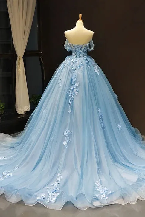 Ball Gown Cap Sleeve Appliques Blue Prom Dress Lace Up Long Prom Evening Dress CAP51237