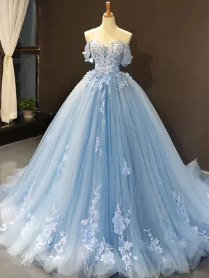 Ball Gown Cap Sleeve Appliques Blue Prom Dress Lace Up Long Prom Evening Dress CAP51237