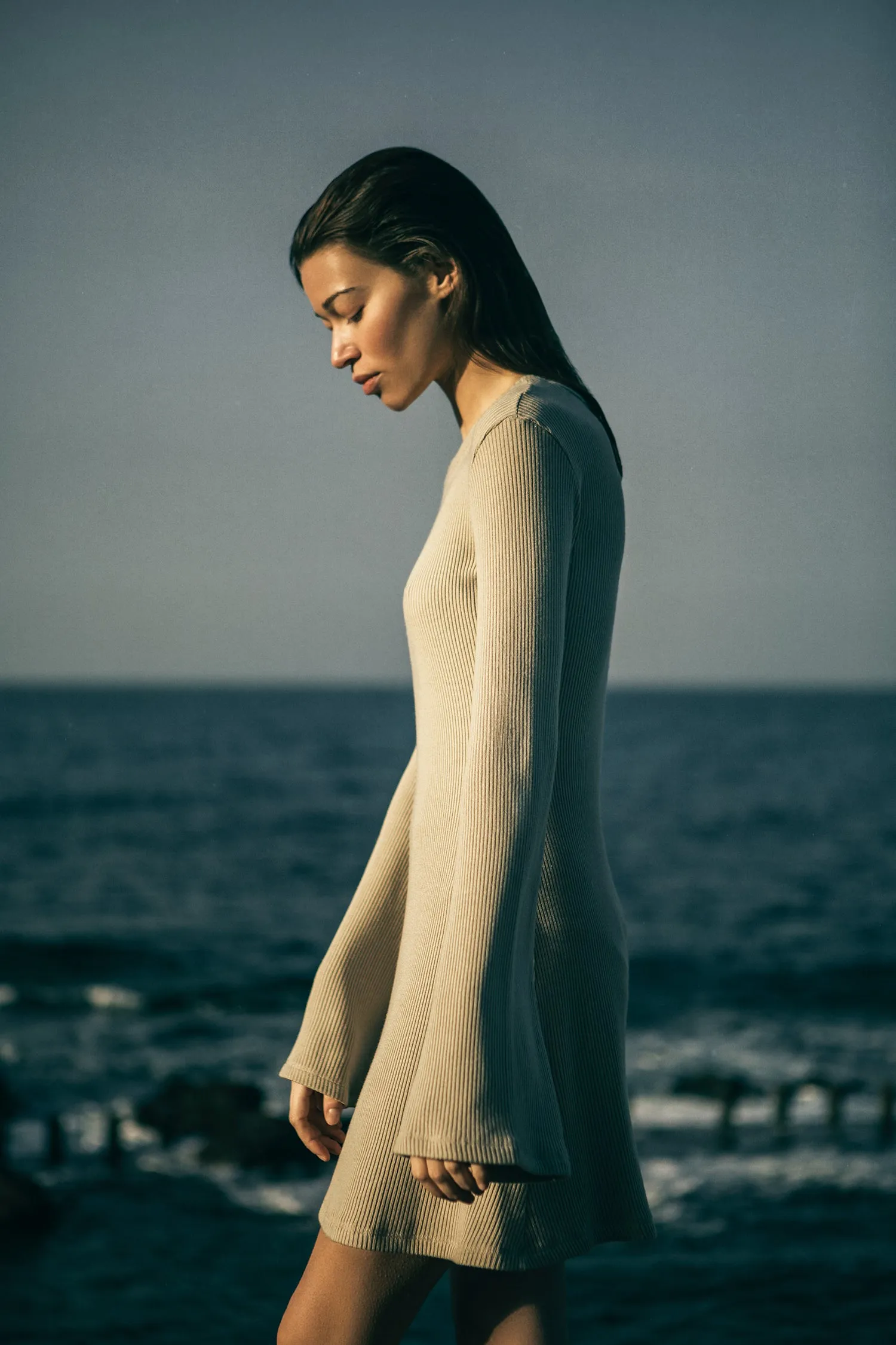 Bell Sleeve Mini Dress in Tencel Rib Knit