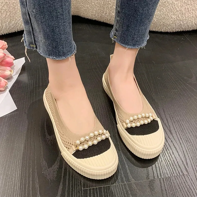 binfenxie  -  Summer Pearl Beading Flat Shoes Women Round Toe Air-mesh Loafers Platform Shoes Woman Stretch Fabric Shallow Female Casual Shoes