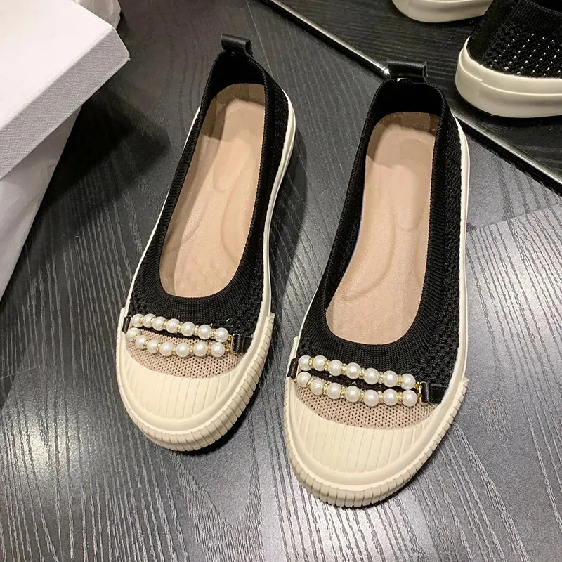 binfenxie  -  Summer Pearl Beading Flat Shoes Women Round Toe Air-mesh Loafers Platform Shoes Woman Stretch Fabric Shallow Female Casual Shoes