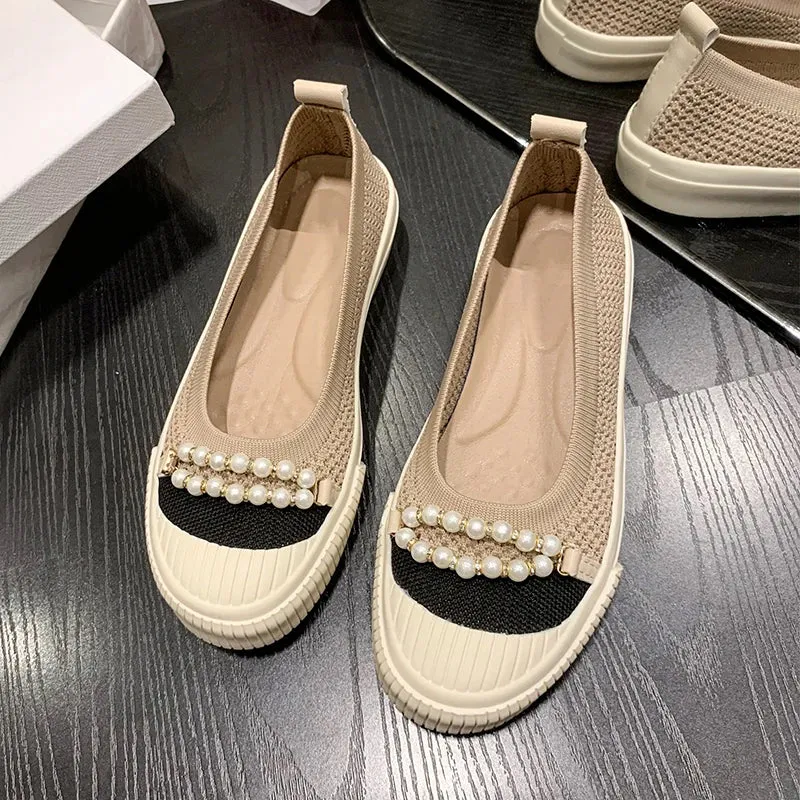 binfenxie  -  Summer Pearl Beading Flat Shoes Women Round Toe Air-mesh Loafers Platform Shoes Woman Stretch Fabric Shallow Female Casual Shoes