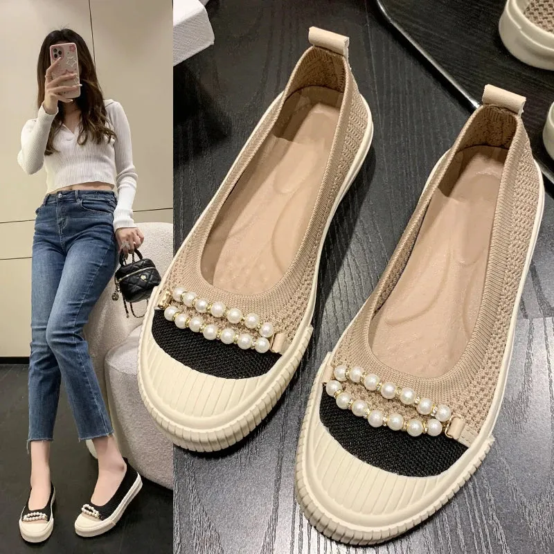 binfenxie  -  Summer Pearl Beading Flat Shoes Women Round Toe Air-mesh Loafers Platform Shoes Woman Stretch Fabric Shallow Female Casual Shoes