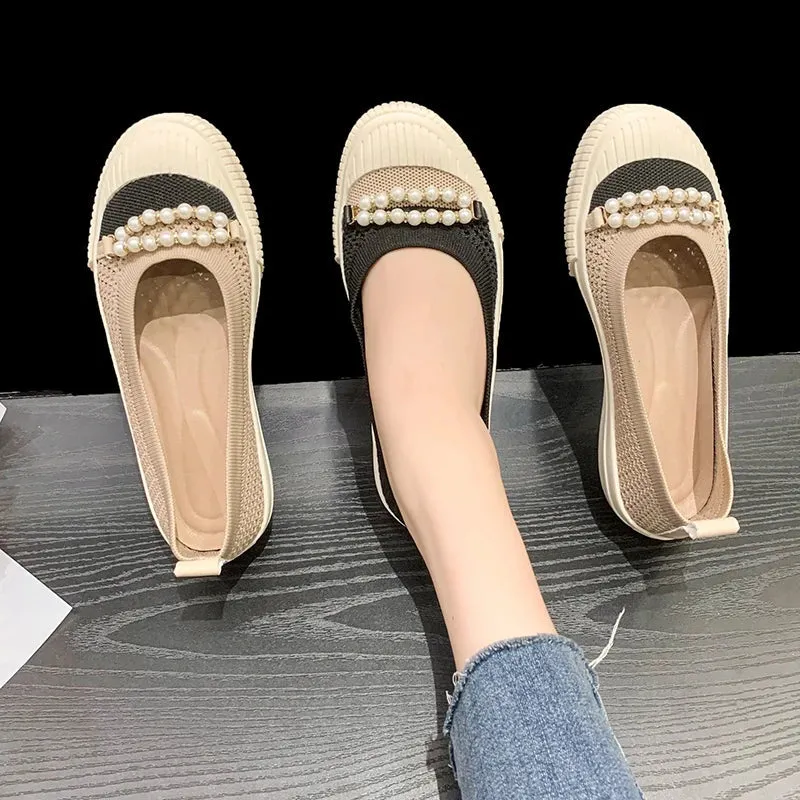 binfenxie  -  Summer Pearl Beading Flat Shoes Women Round Toe Air-mesh Loafers Platform Shoes Woman Stretch Fabric Shallow Female Casual Shoes