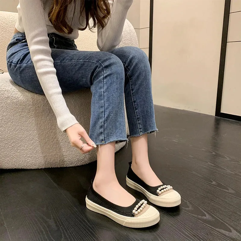 binfenxie  -  Summer Pearl Beading Flat Shoes Women Round Toe Air-mesh Loafers Platform Shoes Woman Stretch Fabric Shallow Female Casual Shoes
