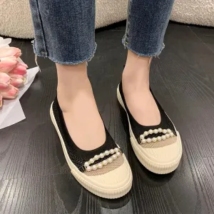 binfenxie  -  Summer Pearl Beading Flat Shoes Women Round Toe Air-mesh Loafers Platform Shoes Woman Stretch Fabric Shallow Female Casual Shoes