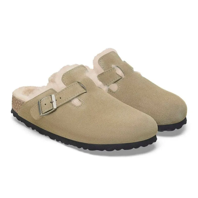 BIRKENSTOCK Boston Shearling Suede Leather Sandals in Taupe