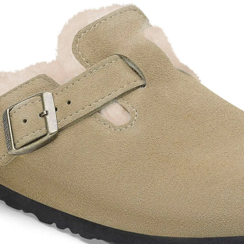 BIRKENSTOCK Boston Shearling Suede Leather Sandals in Taupe