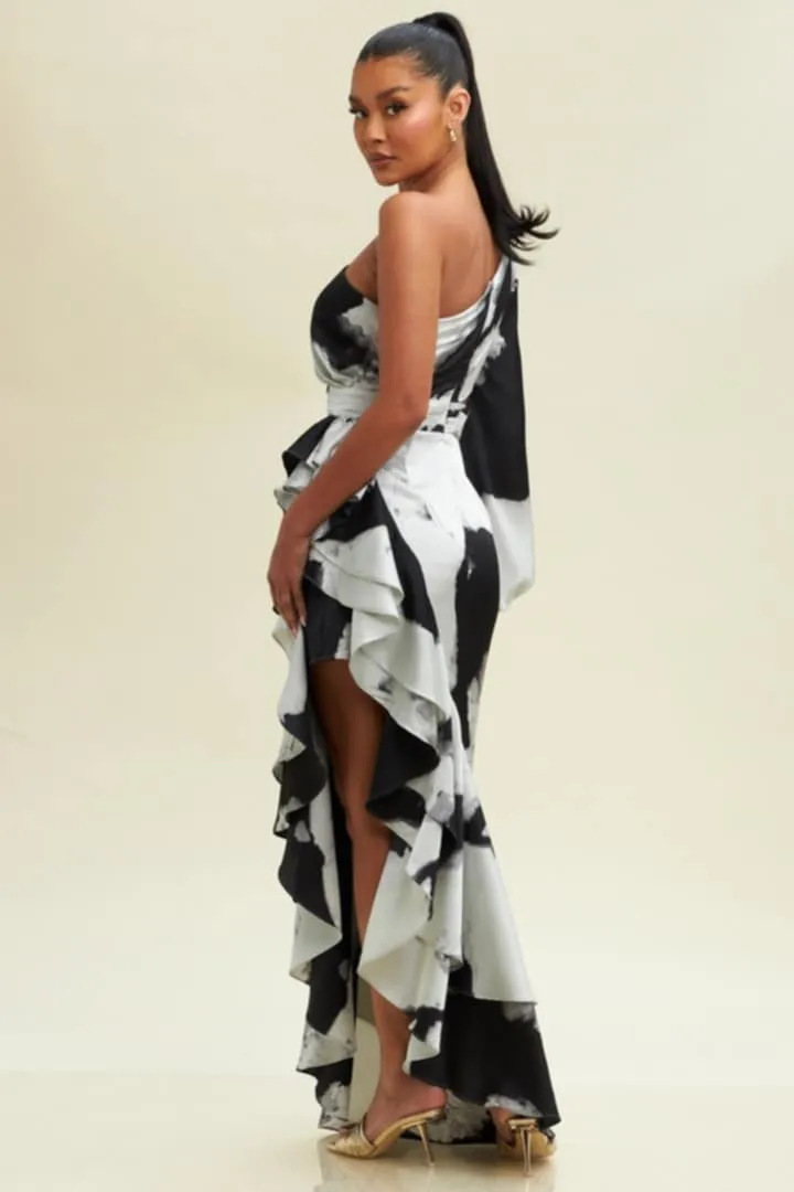 BLACK AND GREY HIGH AND LOW SUMMER DRESS WITH RUFFLES