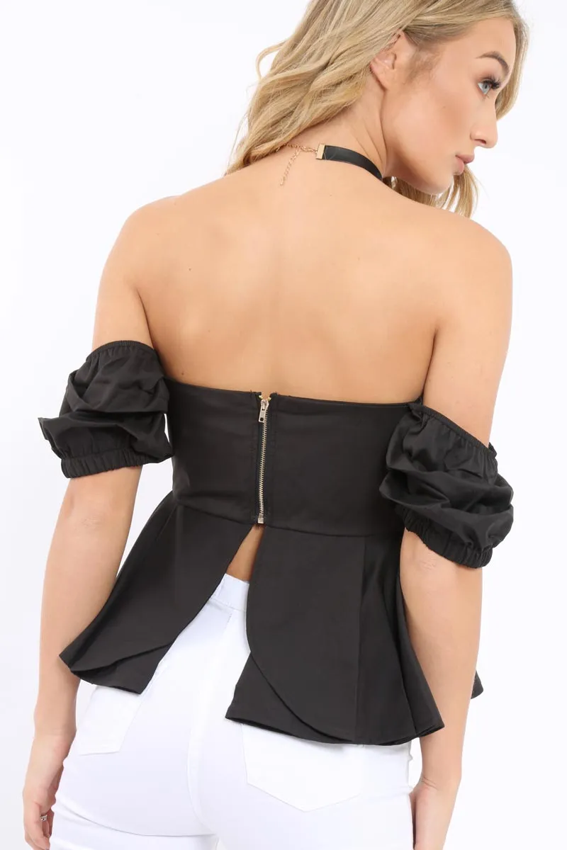 Black Bardot Corset Ruffle Sleeve Top - Shannen